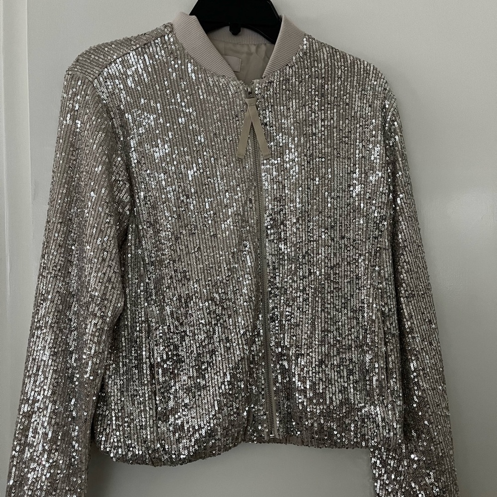 LOFT Silver Sequin Bomber Jacket